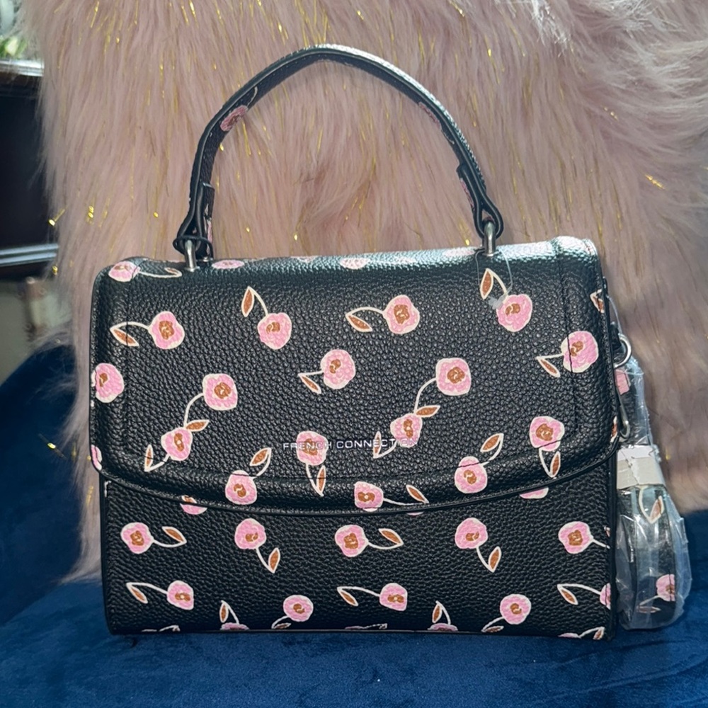 French Connection Black and Pink Floral Satchel